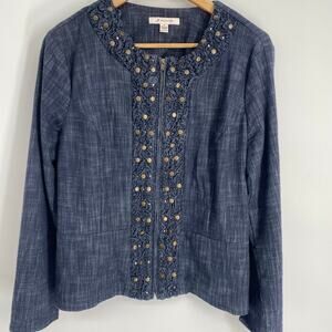 JM Collection Jacket Women’s 14 Denim Studded Coastal Grandma Gathered Cropped
